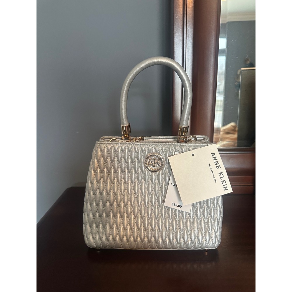Anne Klein Silver‎ Metallic Quilted Small Satchel Bag AKH5284 NWT